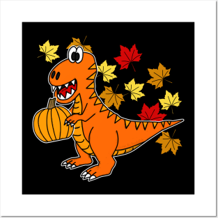 Fall Dinosaur T-Rex Pumpkin Leaves Autumn October Posters and Art